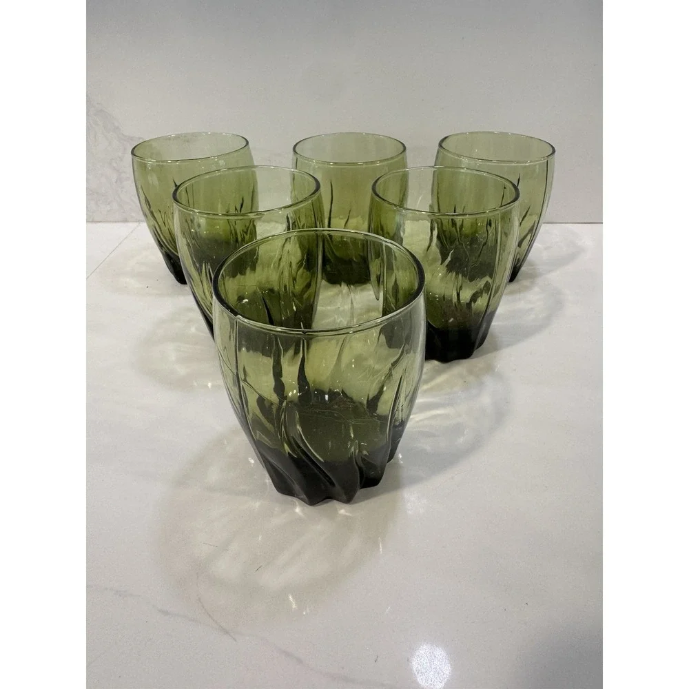 Vintage Anchor Hocking  Green Central Park Swirl Set of 6 Tumblers Glasses
